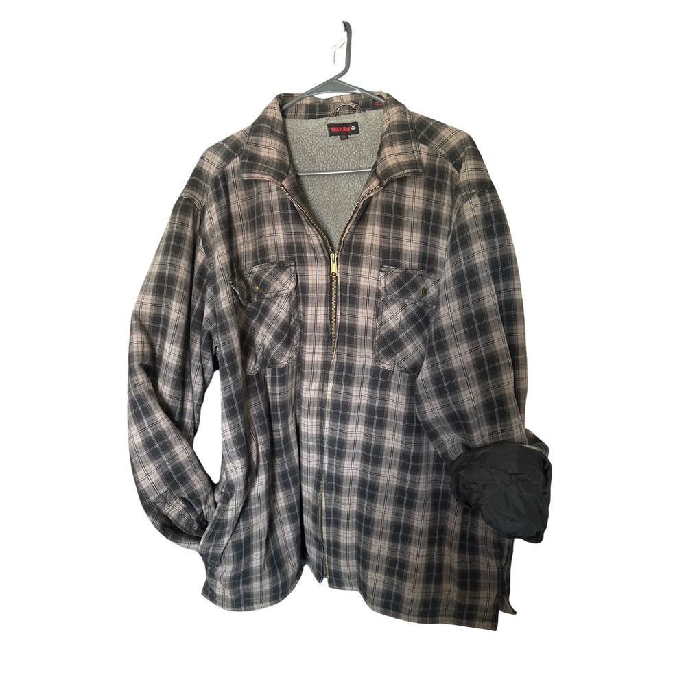 Wolverine Flannel Shirt Jacket Mens XL Gray Plaid Sherpa Lined Zip Up